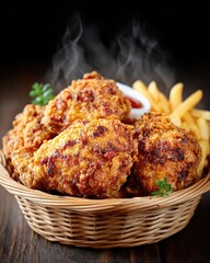 Steaming hot and crispy fried chicken with french fries in a wicker basket on a dark wooden table.