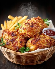 Steaming hot crispy fried chicken wings and french fries in a basket with ketchup. Delicious comfort food meal on a dark wooden background.