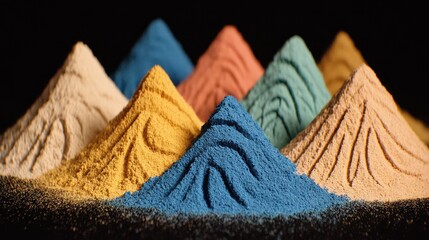 Vibrant panorama of colorful powder pigments resembling a mountain range. Abstract background of natural mineral dyes or spices in earthy tones.