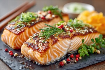 Gourmet Grilled Salmon Fillets with Fresh Herbs and Spices on a Dark Slate Plate