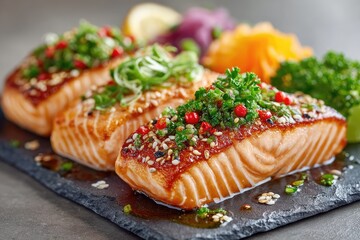 Gourmet Grilled Salmon Fillets with Fresh Herb Garnish and Vegetables. Healthy Seafood Dinner on a Slate Plate.