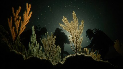 Mysterious Night Dive Exploration: Silhouettes of Scuba Divers Admiring Backlit Coral Reef in the Deep Ocean