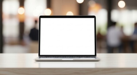 A laptop with a blank screen sits on a wooden table in a cafe