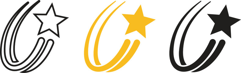 Shooting star trail icons set with yellow black and outline comet swoosh symbols for celestial celebration award success magic or galaxy design isolated on transparent background vector illustration. © Mon Amour