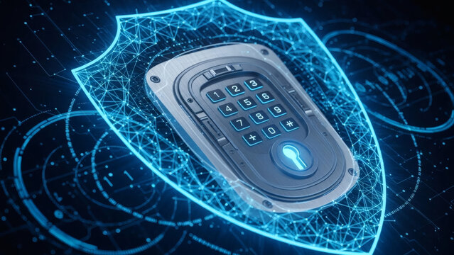 Metallic digital keypad with glowing blue buttons and keyhole icon inside an abstract glowing network shield on a dark circuit-patterned background
