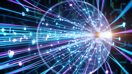 Numerous glowing blue and purple lines with abstract shapes radiate from and enter a transparent sphere on a dark circuit-patterned ground