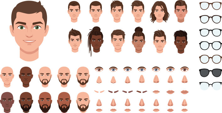 Customizable Cartoon Character Head Kit for Diverse Digital Avatars and Portraits, Emphasizing Diversity and Inclusivity for Modern Design Projects and Personalized Media