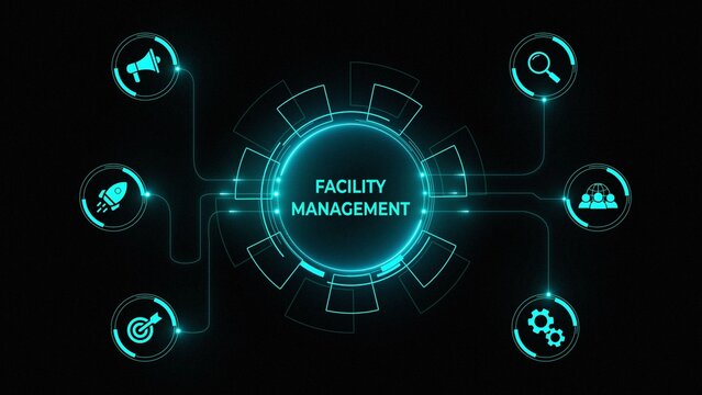 Business, Technology, Internet and network concept. Young businessman shows the word on the virtual display of the future: Facility management. on a black background
