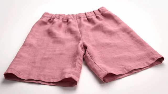 A sewing pattern for shorts transforms into a finished garment. These comfortable pink linen shorts are perfect for summer.