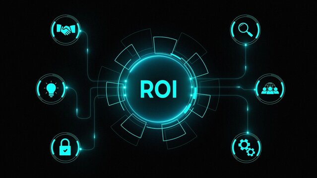 ROI Return on investment financial growth concept. Business, Technology, Internet and network concept. Glowing neon background, Motion graphics of "ROI" concept. 4k