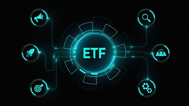 Exchange traded fund stock market trading investment financial ETF concept. a futuristic holographic advanced HUD circle platform Business, Technology network background concept. on a black background