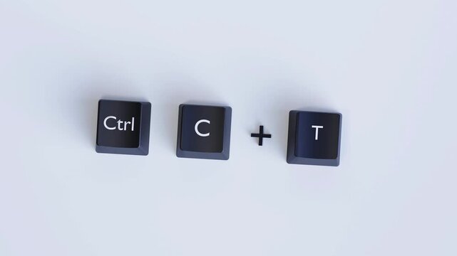 Ctrl + C + T Keyboard Shortcut Concept - 4K 3D Video Animation with Computer Keys Demonstrating Copy and New Tab