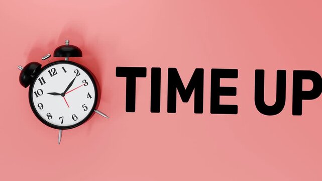 Time Is Up Deadline Concept - 4K 3D Video Animation with Alarm Clock and Bold "TIME UP" Text on Pastel Peach Background