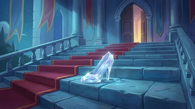 Cinderella's glass slipper left on palace stairs at night, magical fairy tale