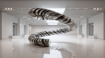 Abstract Metallic Spiral Sculpture Twisting Through Space in a Modern Art Gallery Interior