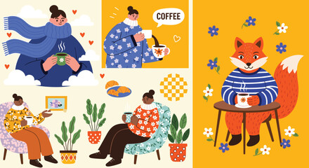 Fototapeta premium Cozy Coffee Moments: A Collection of Illustrated Scenes Featuring Individuals and a Fox Enjoying Warm Drinks in Comforting Settings, Perfect for Lifestyle and Seasonal Content