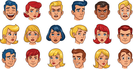 Fototapeta premium Cartoon Faces Expressing Diverse Emotions: A Collection of Expressive Characters for Animation, Design, and Educational Purposes (Comic Style, Emotional Variety)