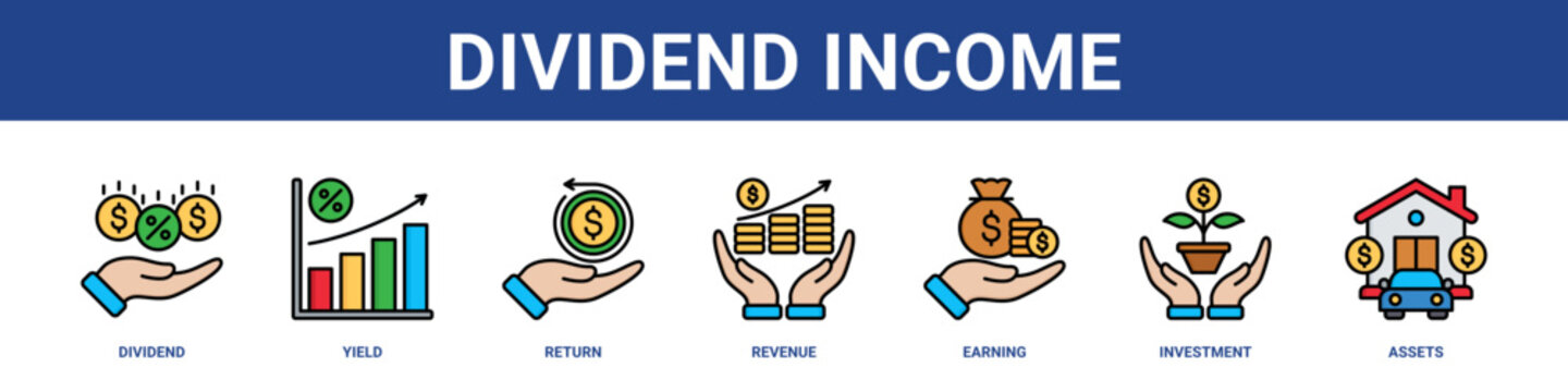 Dividend Income web banner icon set collection solid style.