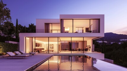 Fototapeta premium Modern house with pool exterior evening