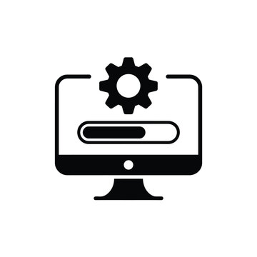 Computer screen displaying a loading icon with a gear symbol
