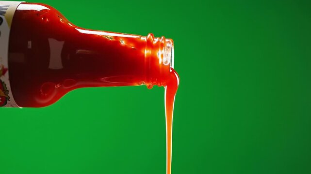 Red hot sauce slowly dripping from bottle on green screen slow motion