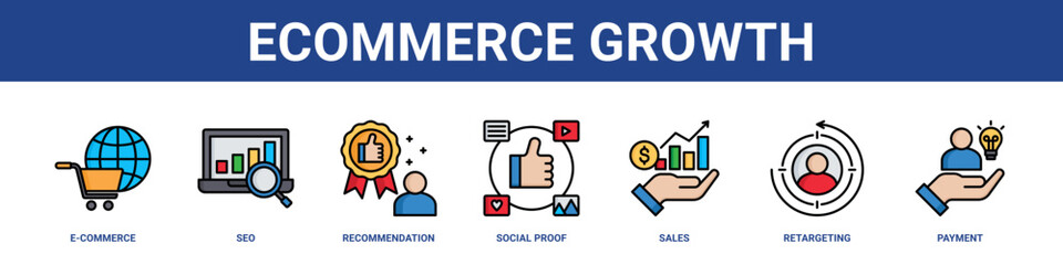 Fototapeta premium Ecommerce Growth web banner icon set collection solid style.