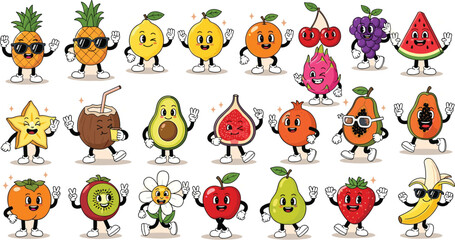 Naklejka premium Retro Cartoon Fruits with Funky Faces and Attitudes: A Whimsical Vector Illustration for Summer, Healthy Eating, and Playful Design Projects
