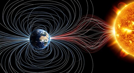 Vibrant digital rendering of Earth&rsquo;s magnetosphere being compressed by solar radiation against a dark, starless celestial background.