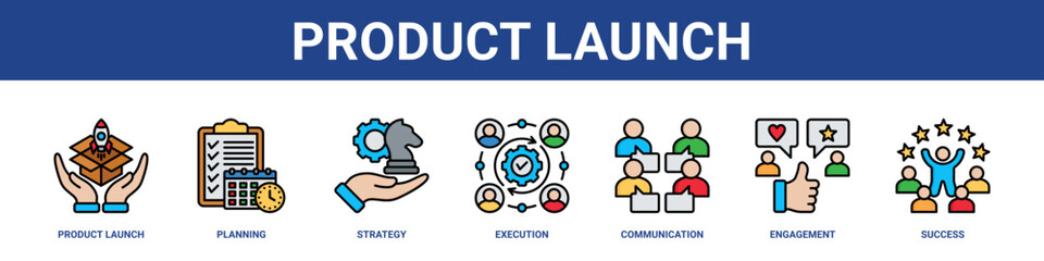 Fototapeta premium Product Launch web banner icon set collection solid style.