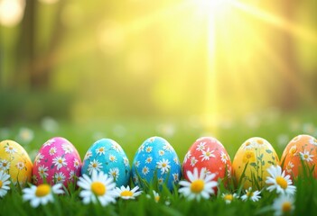 Colorful Easter Eggs Surrounded by Daisies in a Sunlit Meadow