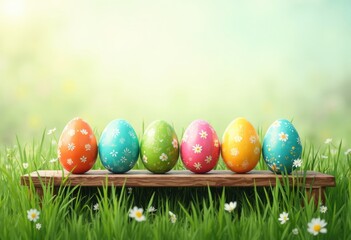 Colorful Easter Eggs Displayed on a Wooden Plank Surrounded by Green Grass and Daisies