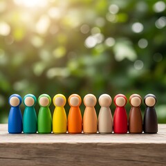 ​A sequence of colorful hooded wooden figures illustrating teamwork and equality on a weathered plank in natural sunlight.