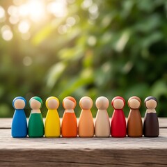 Modern wooden peg dolls in a spectrum of colors standing in a row against a lush bokeh forest backdrop.