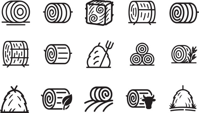  Bale of hay outline vector icon set showing agriculture hay bales and dried haystacks, clean EPS icons.