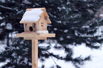 Bird feeder in winter. The feeder looks like a house with a window and a roof. A place for feeding wild birds. A beautiful wooden feeder with seeds and a piece of lard for tits. Winter © Mariia