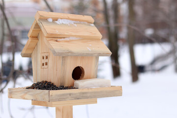 Bird feeder in winter. The feeder looks like a house with a window and a roof. A place for feeding wild birds. A beautiful wooden feeder with seeds and a piece of lard for tits. Winter © Mariia