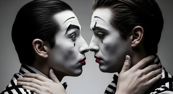 Two mime artists with white face paint and black and white striped shirts touching noses and necks in a dramatic pose