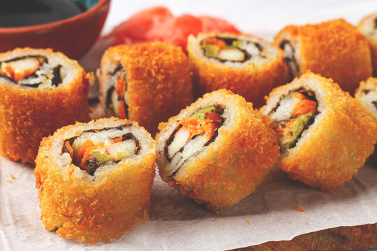 California tempura roll, deep-fried, hot rolls, surimi crab roll and avocado, cream cheese,