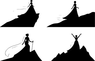 Mountain Hiking Adventure Silhouette Collection with Backpackers and Forest Landscape