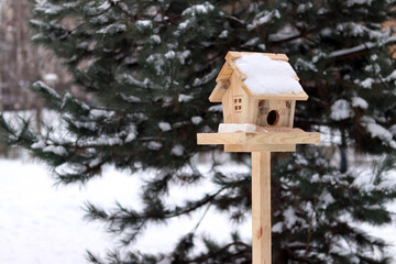 Bird feeder in winter. The feeder looks like a house with a window and a roof. A place for feeding wild birds. A beautiful wooden feeder with seeds and a piece of lard for tits. Winter © Mariia