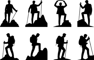 Mountain Hiking Adventure Silhouette Collection with Backpackers and Forest Landscape