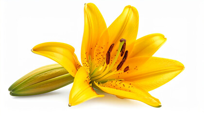 Obraz premium Vibrant yellow lily flower in bloom with green bud and stamens close-up view