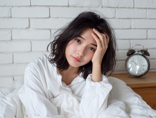 朝のベッドで手を当てて考え込む女性が静かな目覚めと日常の迷いを感じる室内シーン