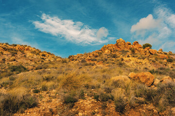 Obraz premium Arid rocky rough landscape with some vegetation and trees under a blue sky with some clouds. Huebro, Almeria, Andalusia, Spain.