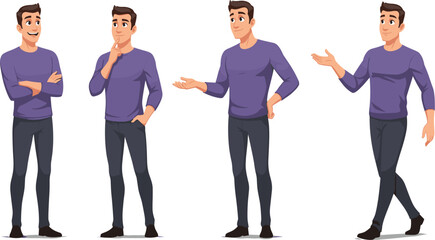 Fototapeta premium Expressive Young Man in Various Poses: A Vector Character Set for Presentations, Websites, and More, Featuring Charismatic and Engaging Full Body Illustrations