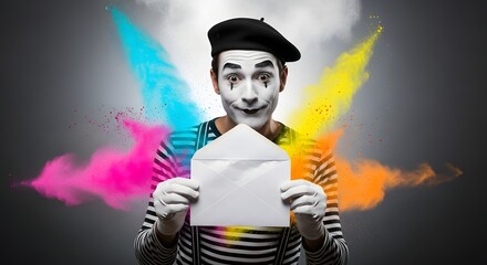 A mime artist holding an envelope with colorful smoke behind him