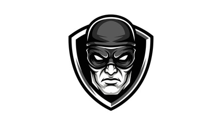 Masked man in a black superhero mask with a determined expression on an isolated white background. © mangun