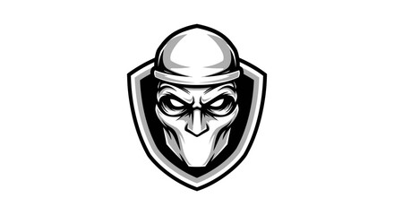 Aggressive Skull with Helmet in Shield Emblem Design, isolated white background. © mangun