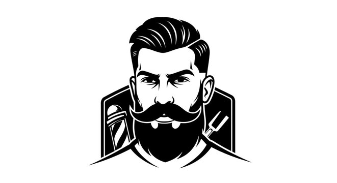 Stylish bearded man with mustache and comb and razor crossing in a barbershop logo design on an isolated white background.