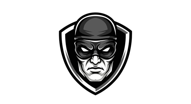 Masked man in a black superhero mask with a determined expression on an isolated white background.